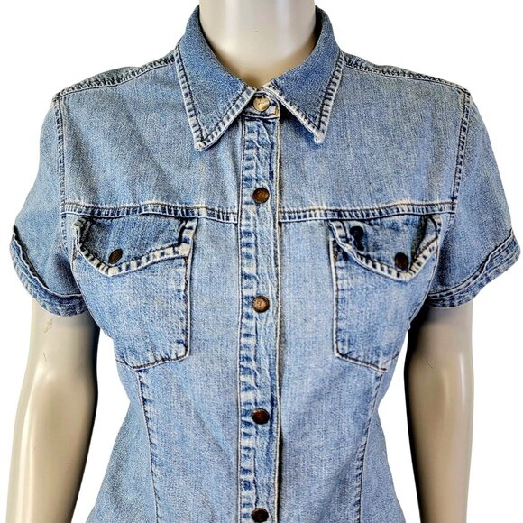 Guess Jeans Vintage 90s Denim Shirt Women Large 12 Short Sleeve Button Collar L - Picture 1 of 15
